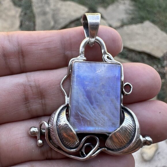 VTG Artisan Pendant 2" Moonstone Labradorite Gemstone Ornate 925 Sterling 16.9g‎ - Picture 2 of 8